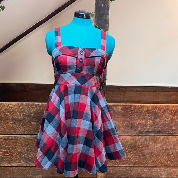 XX1 Punky Y2K Plaid Flannel Skater Dress w/ Full Skirt & Lolita Bow & Fall Vibes - Picture 2 of 10